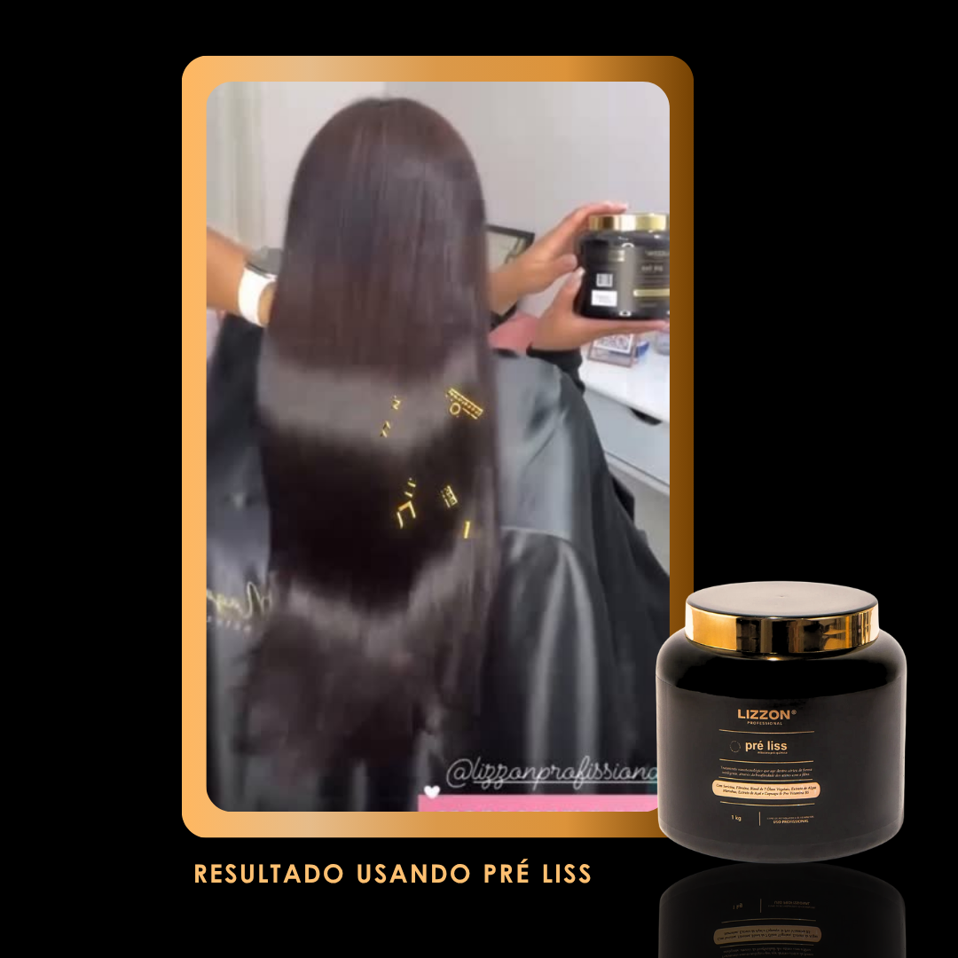 Uma pessoa com cabelos escuros longos e brilhantes está sentada de costas, segurando um frasco de Máscara Pre Liss (PRO). O texto abaixo diz