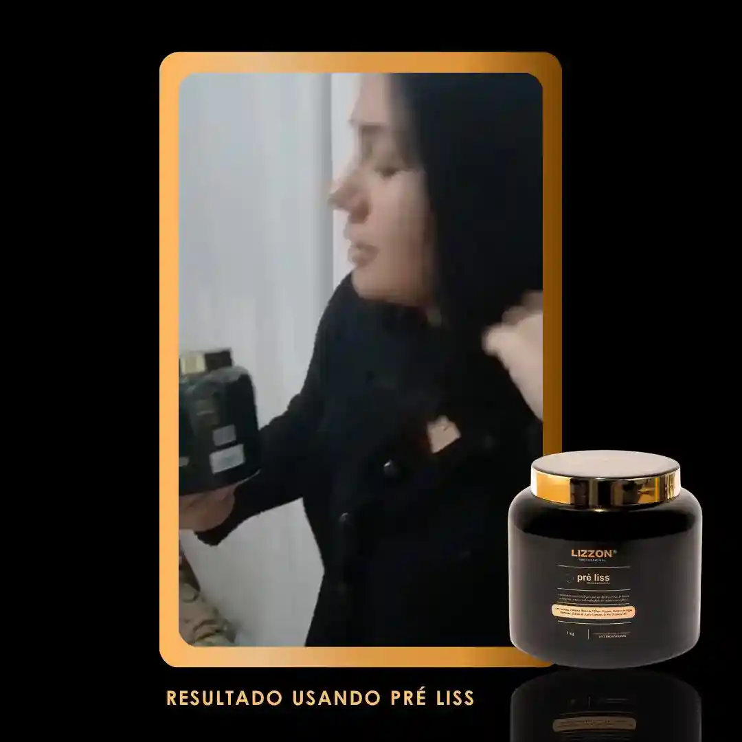 Uma pessoa de cabelos escuros em um top preto segura um frasco de Máscara Pre Liss (PRO). Uma imagem do frasco do produto aparece no canto inferior direito com o texto abaixo: Resultado usando Pré Liss.