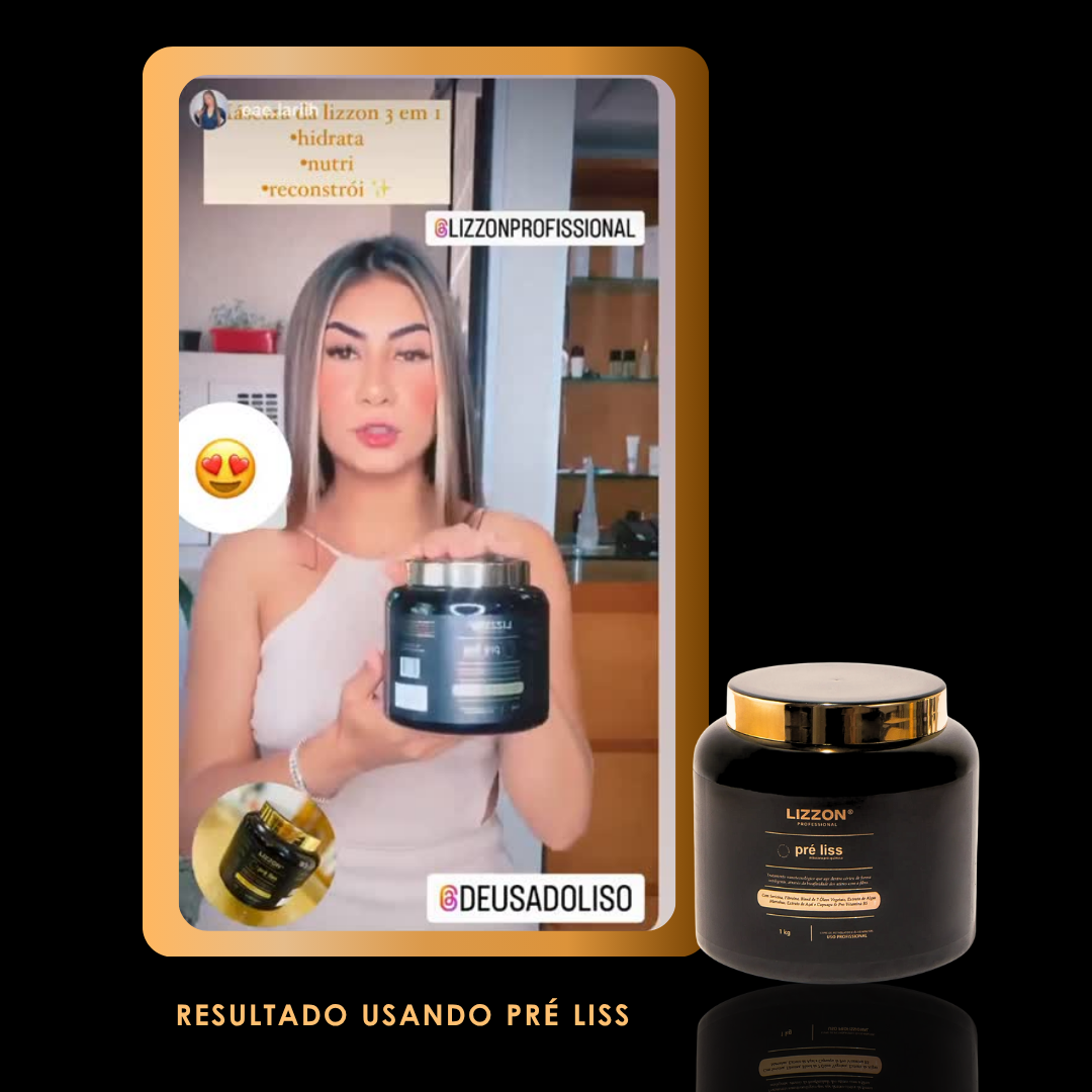 Uma mulher em um ambiente interno segura um frasco preto do produto para cabelo Máscara Pre Liss (PRO). As tags @LIZZONPROFISSIONAL e @DEUSADOLISO aparecem na tela, com o frasco do produto mostrado novamente no canto inferior direito.