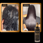 Comparação lado a lado: a imagem à esquerda mostra o cabelo crespo e ondulado rotulado como ANTES; a imagem à direita mostra o cabelo liso e suave rotulado como DEPOIS. A Máscara Pre Liss (PRO) da Lizzon é apresentada na parte inferior.