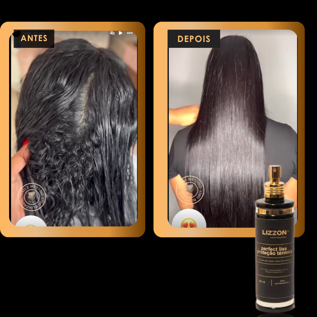 Comparação lado a lado: a imagem à esquerda mostra o cabelo crespo e ondulado rotulado como ANTES; a imagem à direita mostra o cabelo liso e suave rotulado como DEPOIS. A Máscara Pre Liss (PRO) da Lizzon é apresentada na parte inferior.