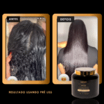 Fotos lado a lado mostram o cabelo antes e depois do uso da Máscara Pre Liss (PRO): cabelos úmidos e ondulados à esquerda e resultados lisos, macios e brilhantes à direita. Um frasco com o rótulo Máscara Pre Liss (PRO) aparece abaixo.