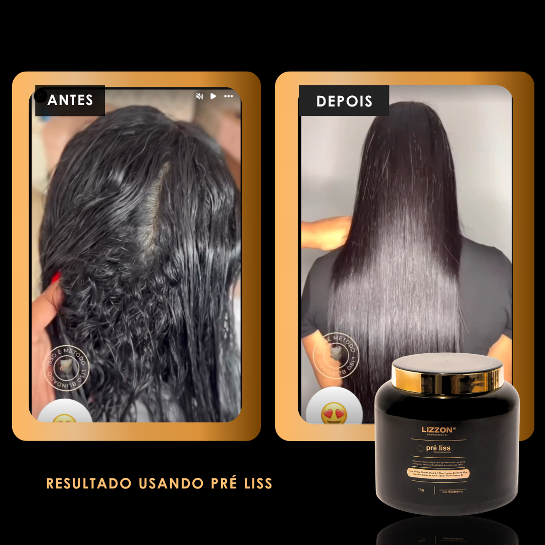 Fotos lado a lado mostram o cabelo antes e depois do uso da Máscara Pre Liss (PRO): cabelos úmidos e ondulados à esquerda e resultados lisos, macios e brilhantes à direita. Um frasco com o rótulo Máscara Pre Liss (PRO) aparece abaixo.