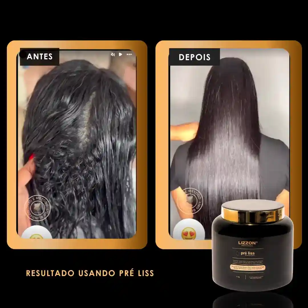 Fotos lado a lado mostram o cabelo antes e depois do uso da Máscara Pre Liss (PRO): cabelos úmidos e ondulados à esquerda e resultados lisos, macios e brilhantes à direita. Um frasco com o rótulo Máscara Pre Liss (PRO) aparece abaixo.