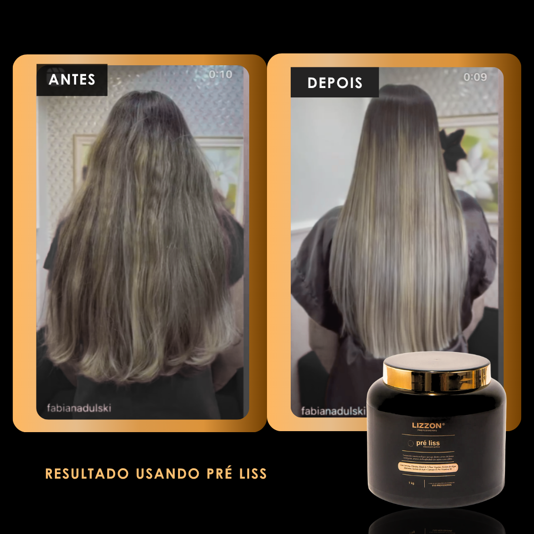 Fotos lado a lado mostram cabelos longos e ondulados rotulados como Antes e o mesmo cabelo liso e macio rotulado como Depois, com um frasco de Máscara Pre Liss (PRO) da Lizzon no canto inferior direito.