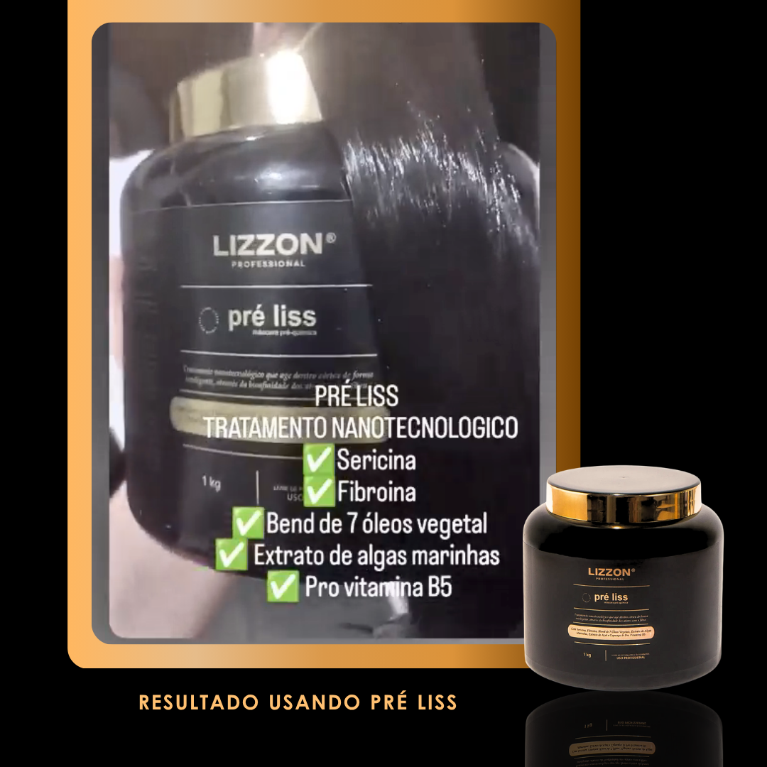 Uma mão segura um frasco preto de Máscara Pre Liss (PRO). A imagem exibe os principais ingredientes e benefícios, com uma foto menor do produto no canto, sobre um cabelo liso e elegante.