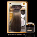 Uma mulher com cabelos castanhos longos, lisos e brilhantes está sentada em uma cadeira de salão. Dois frascos de Máscara Pre Liss (PRO) são mostrados ao lado, enquanto o texto em português destaca os resultados impressionantes do tratamento capilar desse produto.