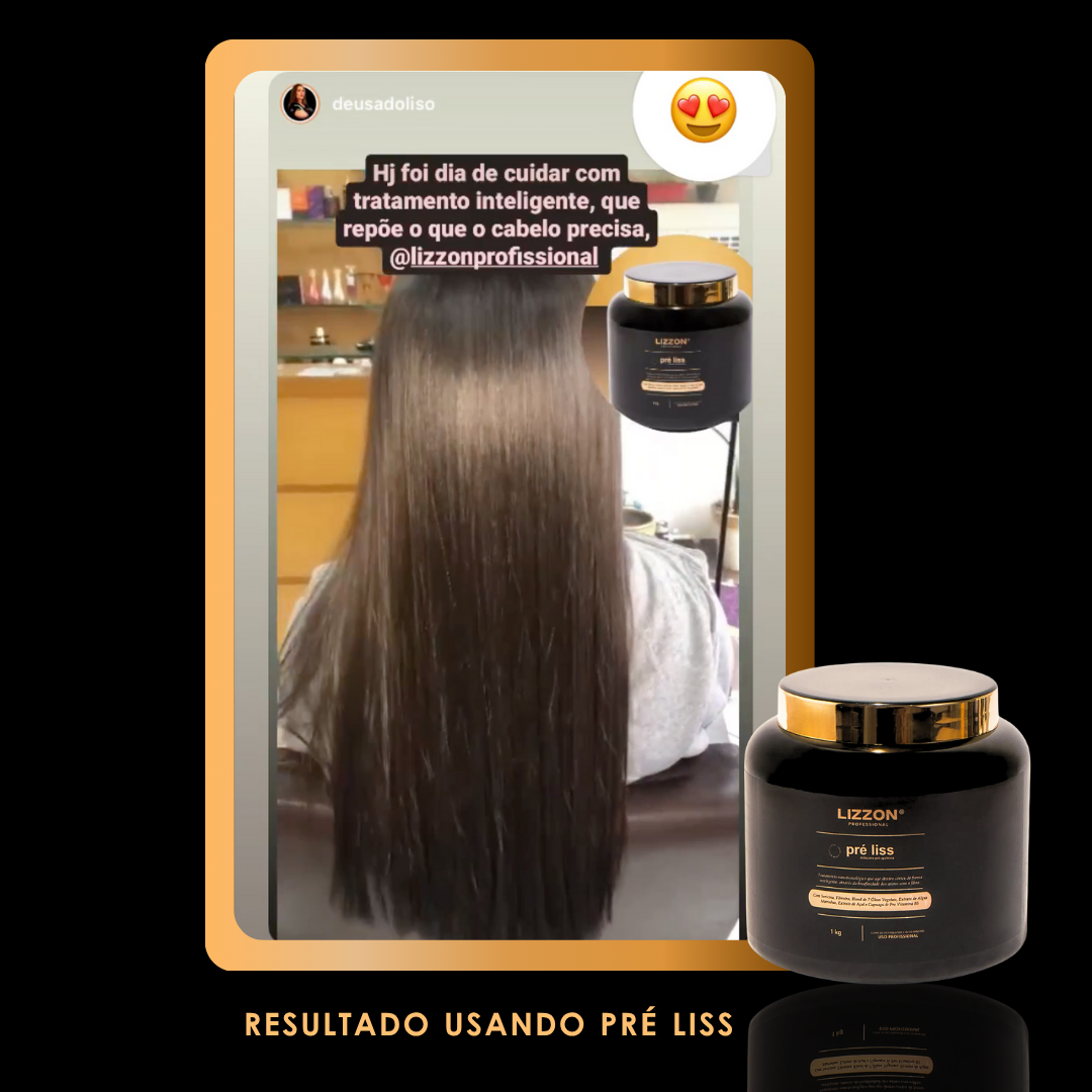 Uma mulher com cabelos castanhos longos, lisos e brilhantes está sentada em uma cadeira de salão. Dois frascos de Máscara Pre Liss (PRO) são mostrados ao lado, enquanto o texto em português destaca os resultados impressionantes do tratamento capilar desse produto.