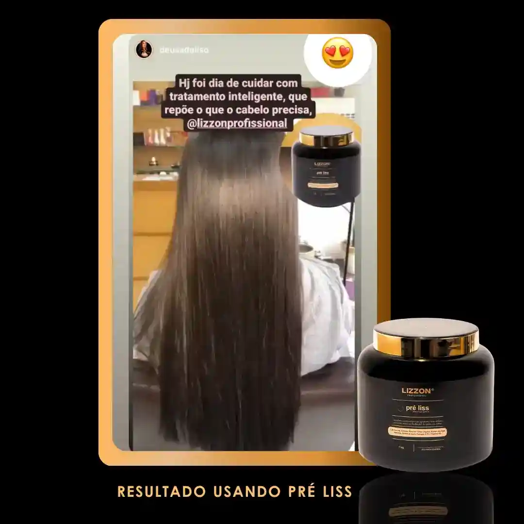 Uma mulher com cabelos castanhos longos, lisos e brilhantes está sentada em uma cadeira de salão. Dois frascos de Máscara Pre Liss (PRO) são mostrados ao lado, enquanto o texto em português destaca os resultados impressionantes do tratamento capilar desse produto.