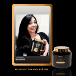 Uma mulher com longos cabelos pretos sorri enquanto segura um recipiente preto e dourado do produto para cabelo Máscara Pre Liss (PRO). Outro recipiente aparece abaixo. O texto diz: RESULTADO USANDO PRÉ LISS.