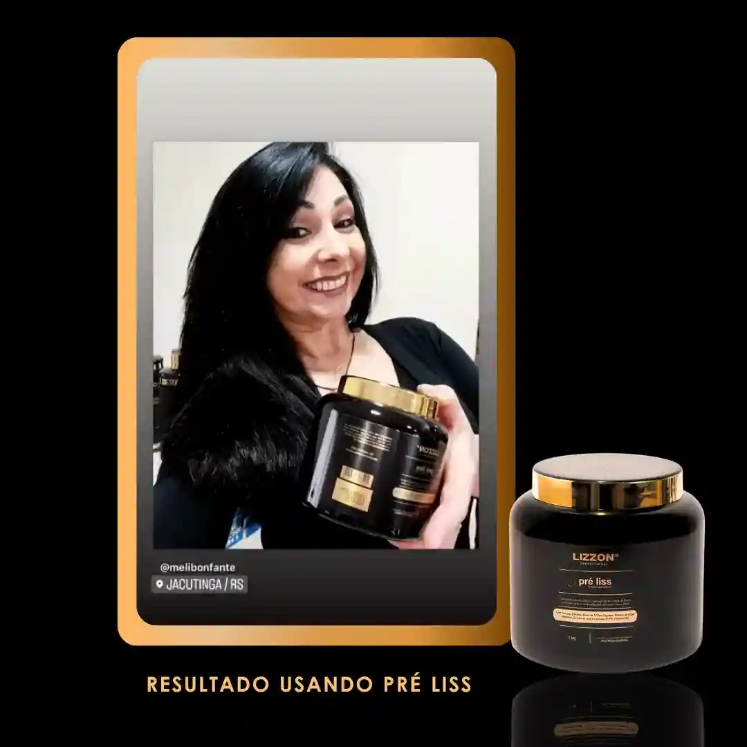 Uma mulher com longos cabelos pretos sorri enquanto segura um recipiente preto e dourado do produto para cabelo Máscara Pre Liss (PRO). Outro recipiente aparece abaixo. O texto diz: RESULTADO USANDO PRÉ LISS.