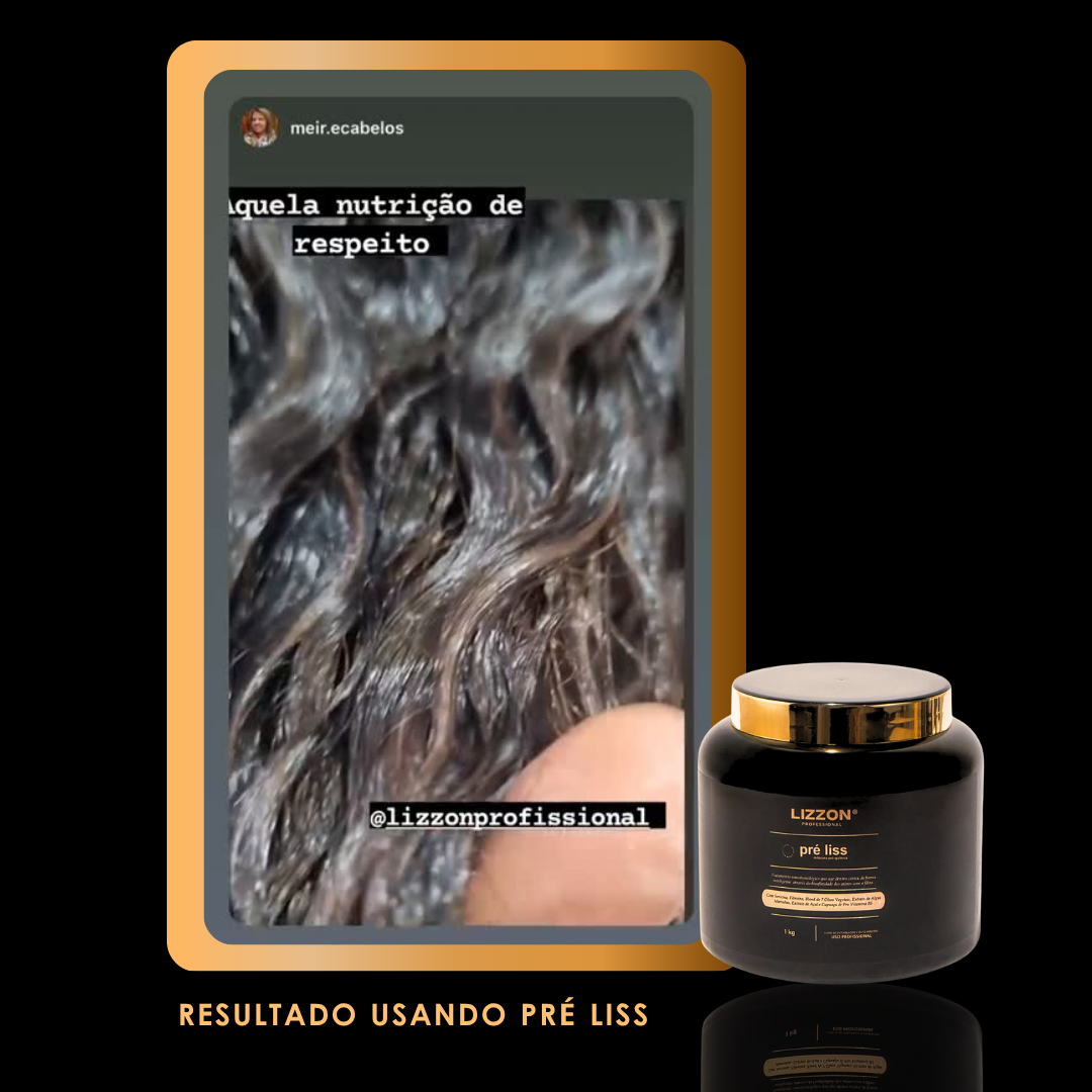 Um smartphone exibe um close-up de cabelos ondulados e úmidos com texto em português. Ao lado dele, há um frasco preto com o rótulo Máscara Pre Liss (PRO). Abaixo do telefone, o texto diz: RESULTADO USANDO PRÉ LISS.