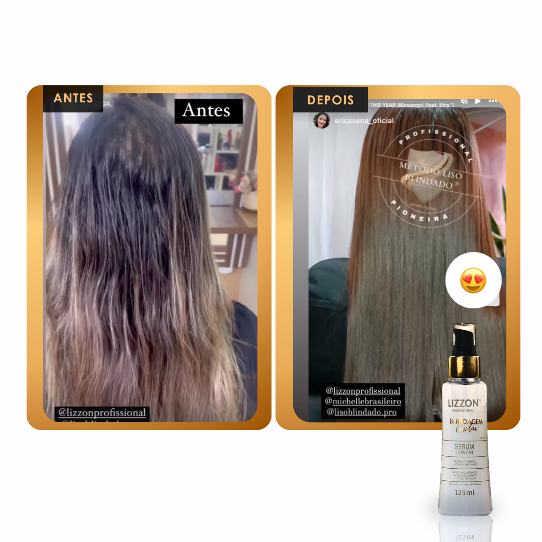 Fotos lado a lado de Antes e Depois mostram uma transformação do cabelo de crespo para liso e macio, graças ao Sérum Capilar Leave-in Blindagem Capilar, na foto no canto inferior direito.