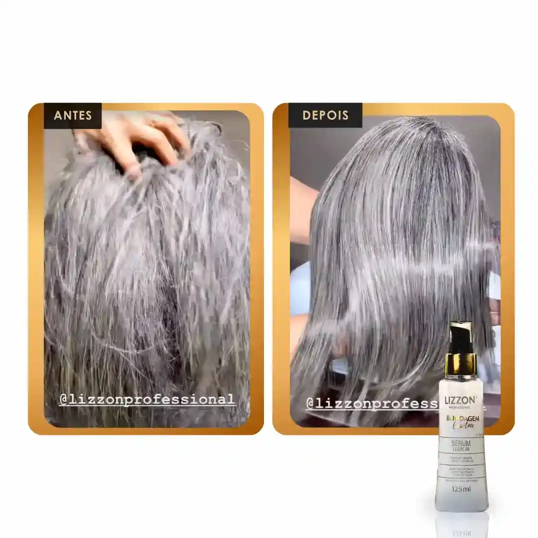 Fotos lado a lado rotuladas como "antes" e "depois" mostram cabelos grisalhos antes e depois do uso do Sérum Capilar Leave-in Blindagem Capilar - seco à esquerda, mais suave à direita. Um frasco do soro aparece no canto inferior direito.