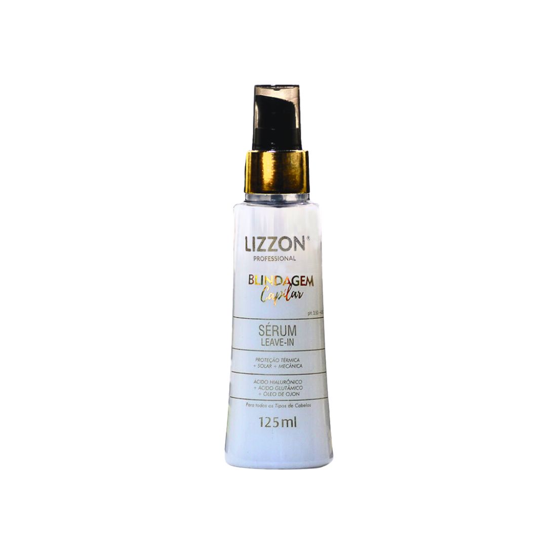 Um frasco branco de 125 ml de Serum Blindagem Capilar Leave-in com um dosador de bomba dourado e preto, posicionado na vertical contra um fundo branco liso.