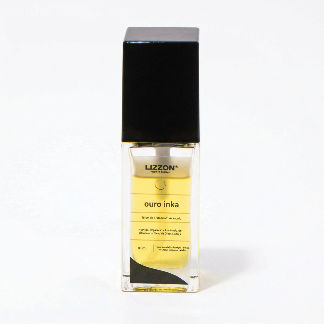Um frasco de 30 ml do Sérum Ouro Inka da Lizzon Professional, cheio de soro amarelo e com uma tampa preta, está na vertical em um fundo branco liso.