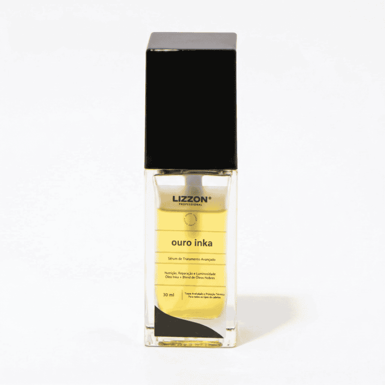 Um frasco de 30 ml do Sérum Ouro Inka da Lizzon Professional, cheio de soro amarelo e com uma tampa preta, está na vertical em um fundo branco liso.