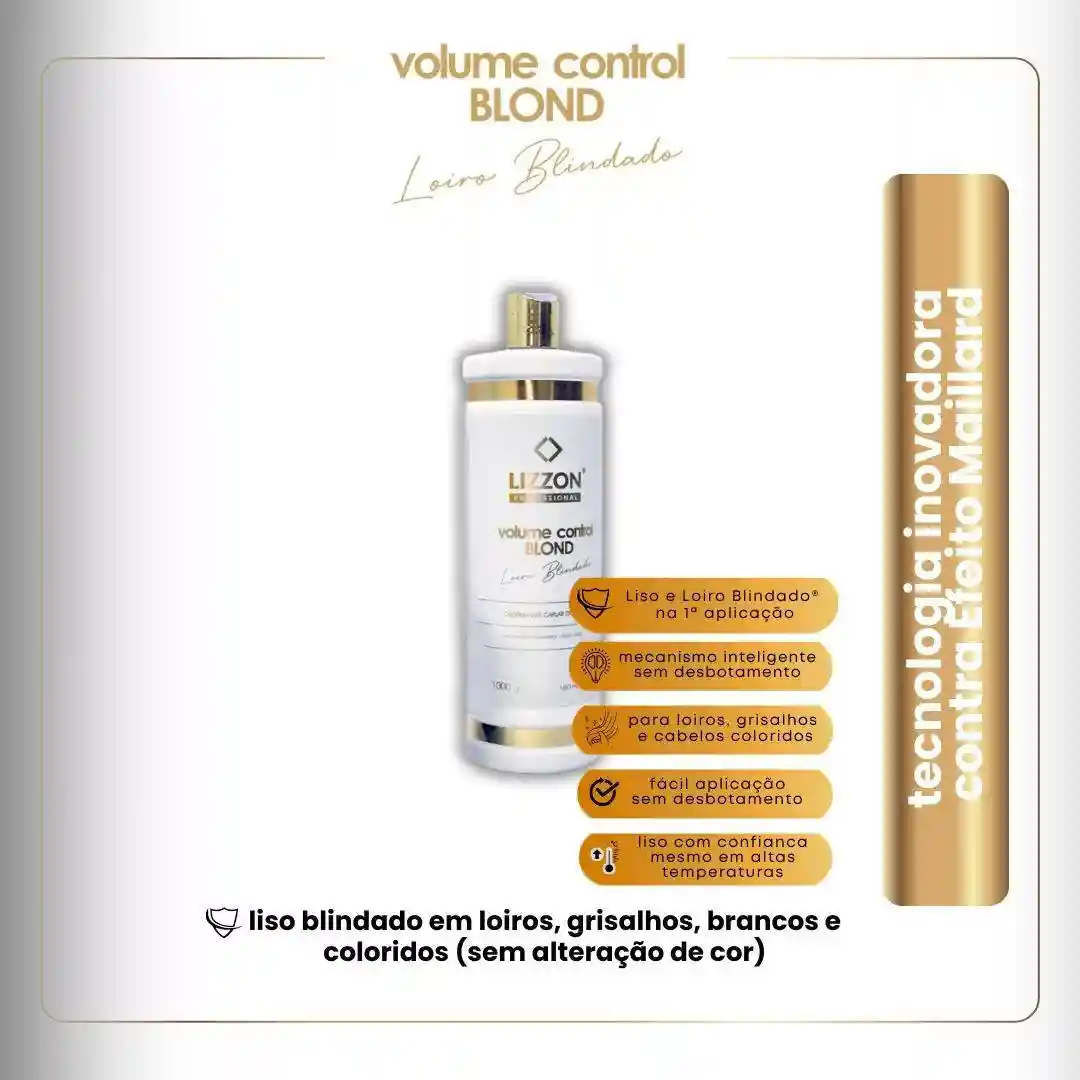 Um frasco de volume control blond (combo3x) está centralizado, com círculos laranja destacando seus benefícios de controle de volume para cabelos loiros, grisalhos, brancos e coloridos - com ação antiamarelamento e fácil aplicação progressiva.