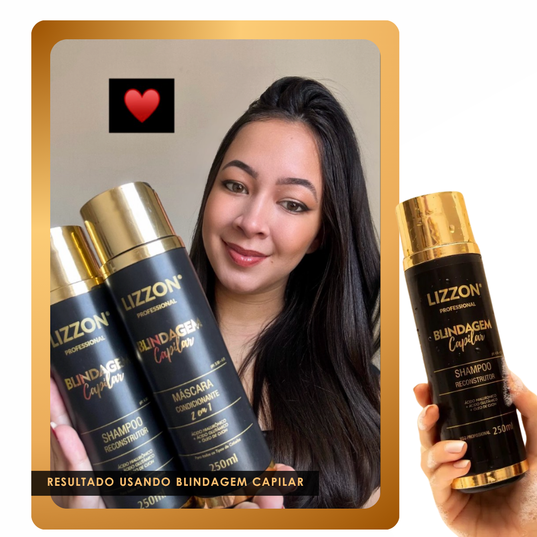 Uma mulher com longos cabelos escuros segura três frascos da Lizzon Professional, incluindo o Shampoo Blindagem Capilar (homecare), e sorri para a câmera. Em um close-up, uma mão exibe o Shampoo Blindagem Capilar (homecare) ao lado de um ícone de coração vermelho e da legenda.