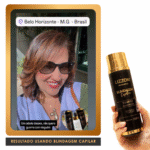 Uma mulher com cabelos castanhos na altura dos ombros e óculos escuros sorri ao ar livre ao lado do Shampoo Blindagem Capilar (homecare). Na parte inferior, o texto diz: 