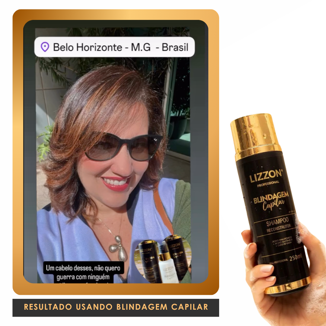 Uma mulher com cabelos castanhos na altura dos ombros e óculos escuros sorri ao ar livre ao lado do Shampoo Blindagem Capilar (homecare). Na parte inferior, o texto diz: 