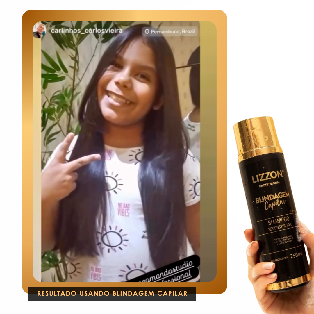 Uma garota de cabelos longos, lisos e escuros sorri e faz um sinal de paz ao lado de um frasco de xampu Blindagem Capilar (homecare). O texto na parte inferior diz: RESULTADO USANDO SHAMPOO BLINDAGEM CAPILAR (HOMECARE).
