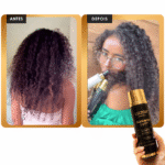 Fotos lado a lado rotuladas como antes e depois mostram uma pessoa com cabelos cacheados antes e depois de usar o Shampoo Blindagem Capilar (homecare). Na imagem depois, seus cachos mais suaves brilham enquanto segura o frasco do produto, com o xampu exibido na frente.