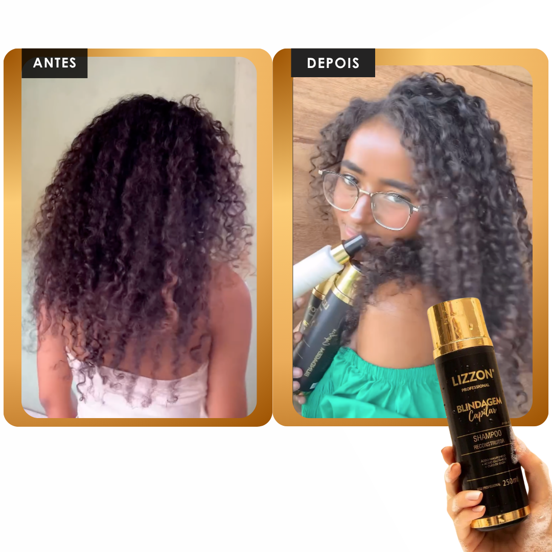 Fotos lado a lado rotuladas como antes e depois mostram uma pessoa com cabelos cacheados antes e depois de usar o Shampoo Blindagem Capilar (homecare). Na imagem depois, seus cachos mais suaves brilham enquanto segura o frasco do produto, com o xampu exibido na frente.