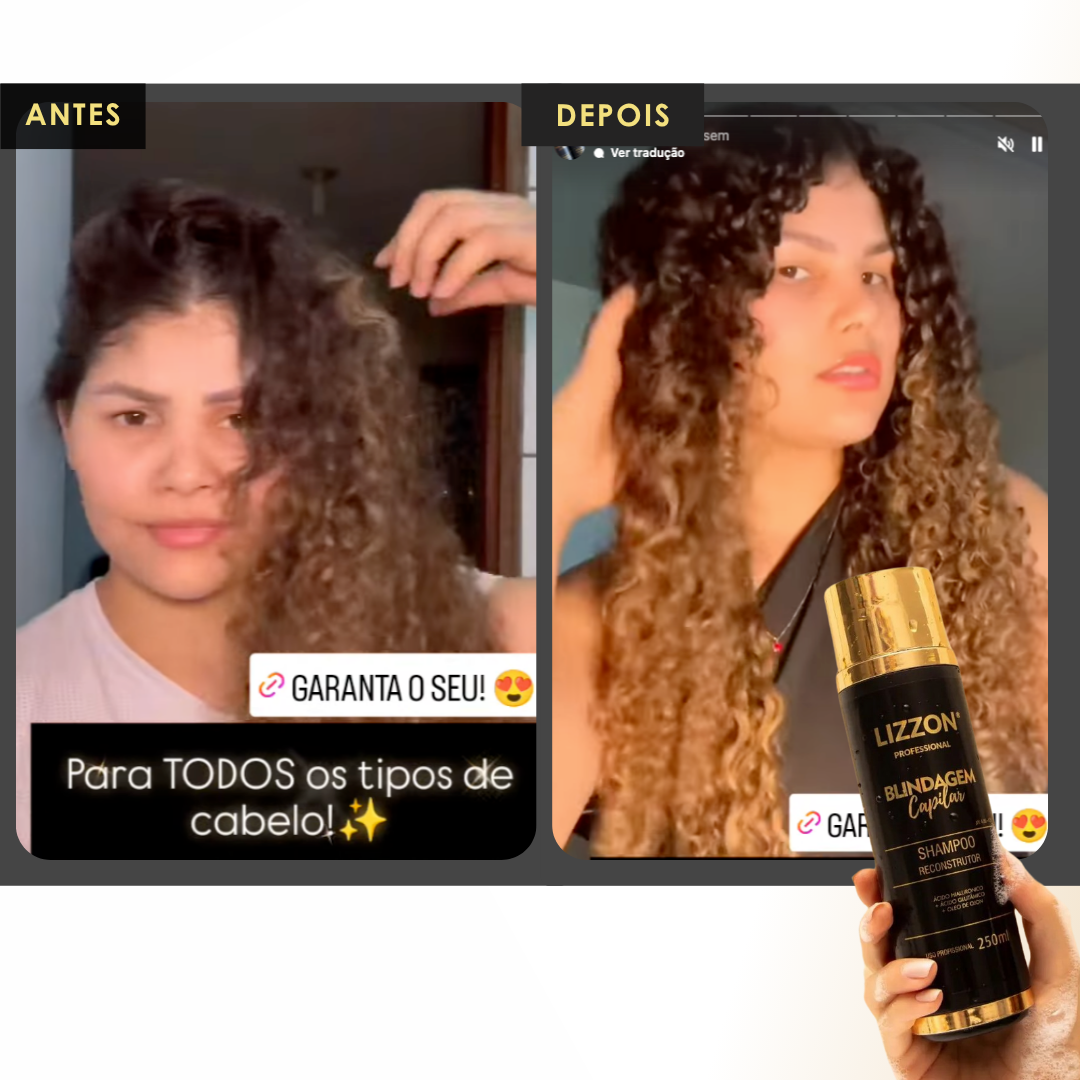 A imagem em tela dividida mostra uma mulher com cabelos cacheados antes e depois de usar o Shampoo Blindagem Capilar (homecare). À esquerda, seu cabelo está crespo; à direita, está mais macio e brilhante. O frasco do Shampoo Blindagem Capilar (homecare) está na frente.