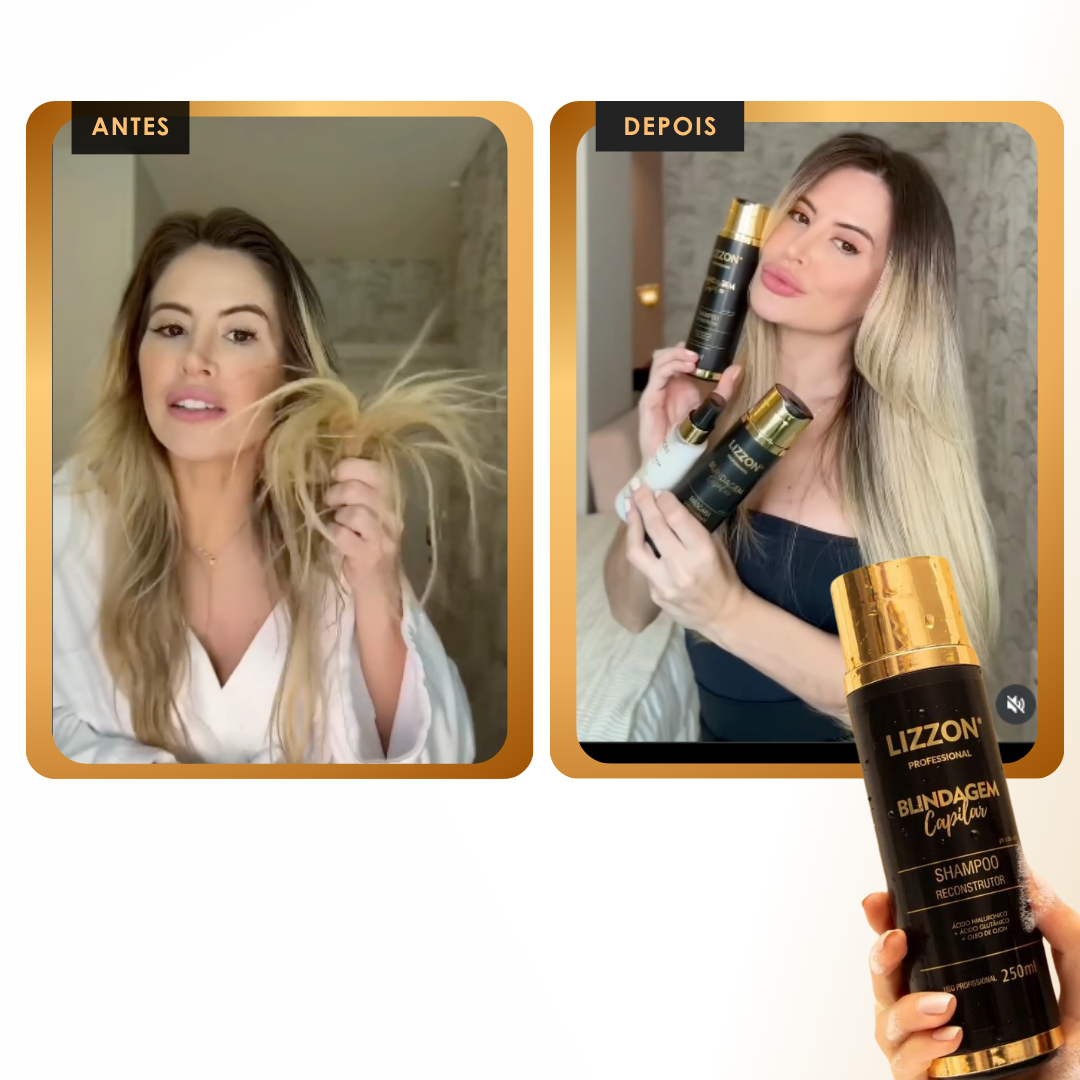 Imagens lado a lado rotuladas como ANTES e DEPOIS mostram uma mulher com cabelos crespos e danificados à esquerda e cabelos lisos e lisos à direita, enquanto ela segura frascos de xampu Blindagem Capilar (cuidados domiciliares). Um frasco de xampu aparece em primeiro plano.