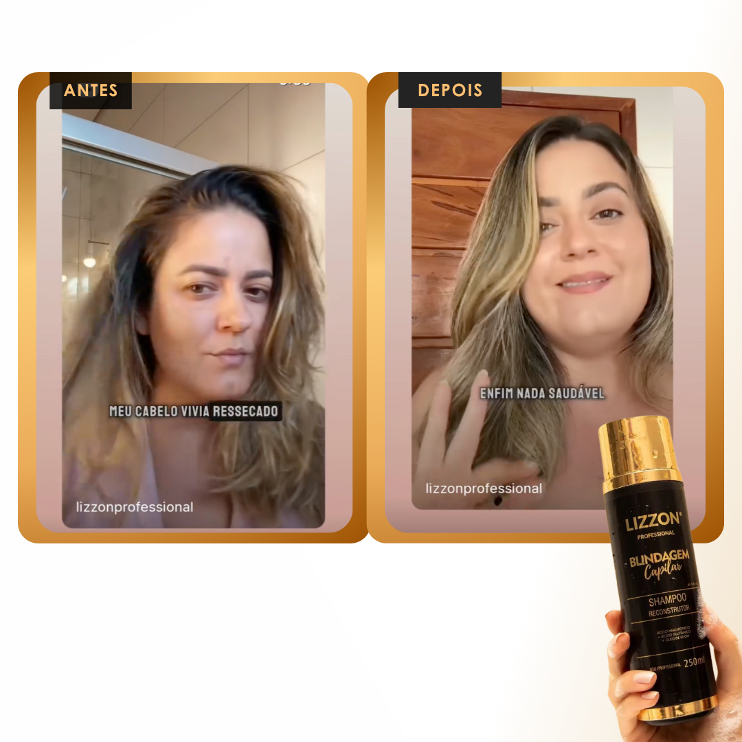 Comparação lado a lado do cabelo de uma mulher antes e depois de usar o Shampoo Blindagem Capilar (homecare): à esquerda, o cabelo está seco; à direita, parece macio e brilhante. No canto inferior direito, uma mão segura o frasco do Shampoo Blindagem Capilar.
