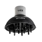 Um difusor para secador de cabelo Difusor Extreme, da LIZZ Professional, em preto e branco, com pontas, fotografado contra um fundo branco.
