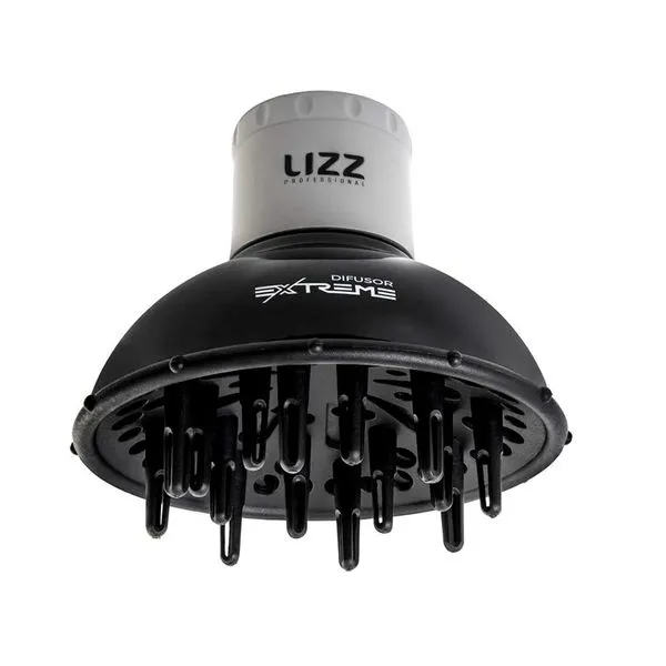 Um difusor para secador de cabelo Difusor Extreme, da LIZZ Professional, em preto e branco, com pontas, fotografado contra um fundo branco.