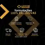Gráfico promocional em preto para a Lizzon Professional com ícones e texto em dourado e branco: Formulações 100% Exclusivas. Os destaques incluem liso perfeito, garantia do produto, entrega em todo o território nacional, frete 24 horas e frete grátis acima de R$199.