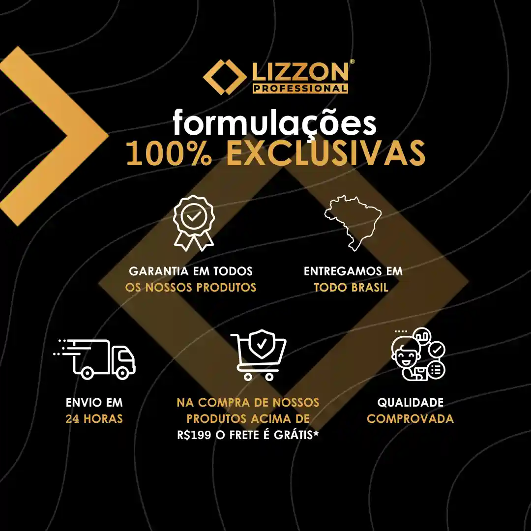 Gráfico promocional em preto para a Lizzon Professional com ícones e texto em dourado e branco: Formulações 100% Exclusivas. Os destaques incluem liso perfeito, garantia do produto, entrega em todo o território nacional, frete 24 horas e frete grátis acima de R$199.