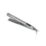 Um alisador de cabelo Prancha Original Extreme 260°C/500°F na cor prata, com um visor LCD a 230°C e um cabo giratório, está conectado em um fundo branco liso.