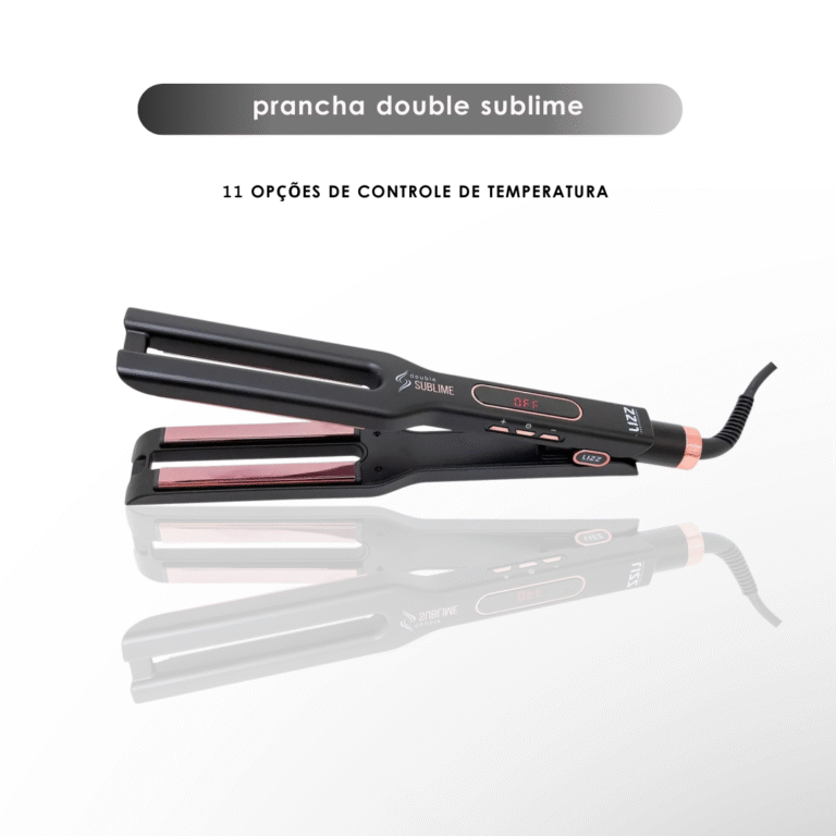 Uma Prancha Alisadora Double Sublime 250°C/480°F preta e rosa é mostrada em um fundo branco. O texto acima da alisadora diz 