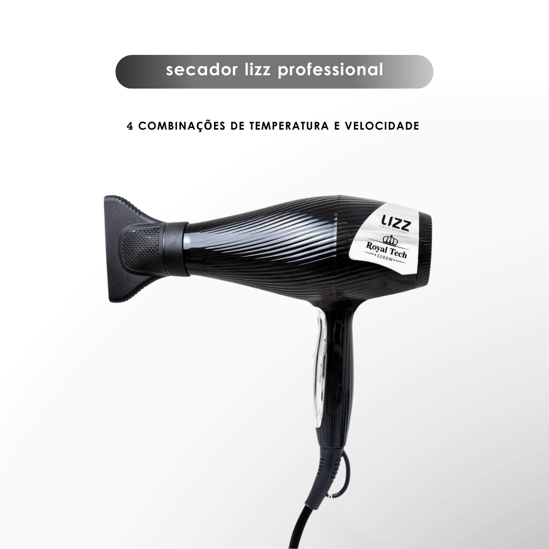 Secador de cabelos Royal Tech com bico concentrador, mostrado em um fundo branco. Possui quatro configurações de temperatura e velocidade para um acabamento perfeitamente suave.