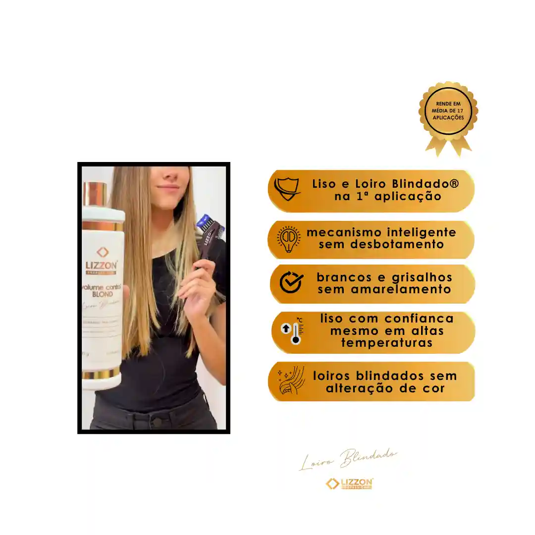 Uma mulher com cabelos lisos e loiros segura um frasco grande de xampu Volume Control Blond: Loiro Blindado e um pincel. O texto em português à direita destaca seus benefícios de proteção contra o desbotamento e a cor para cabelos liso e loiro.