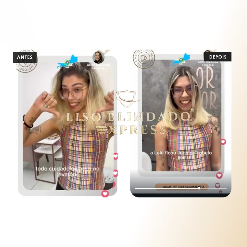 Fotos lado a lado mostram uma mulher sorridente antes e depois de usar o Volume Control Blond: Loiro Blindado; à esquerda, seu cabelo está com frizz, enquanto à direita, está liso e macio. Ela usa óculos e uma blusa xadrez sem mangas.