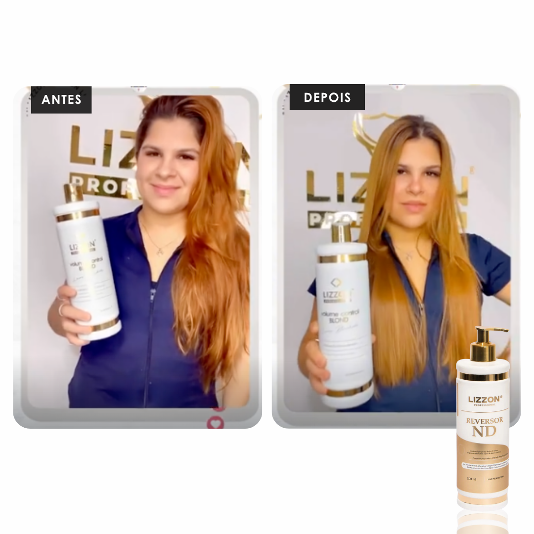 Fotos lado a lado mostram uma mulher segurando o Volume Control Blond: Loiro Blindado;