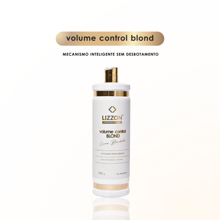 Um frasco branco e dourado com o rótulo Volume Control Blond: Loiro Blindado está na vertical em um fundo branco liso. Acima dele, o texto diz controle de volume blond, progressiva loiro blindado e mecanismo inteligente sem desbotamento.
