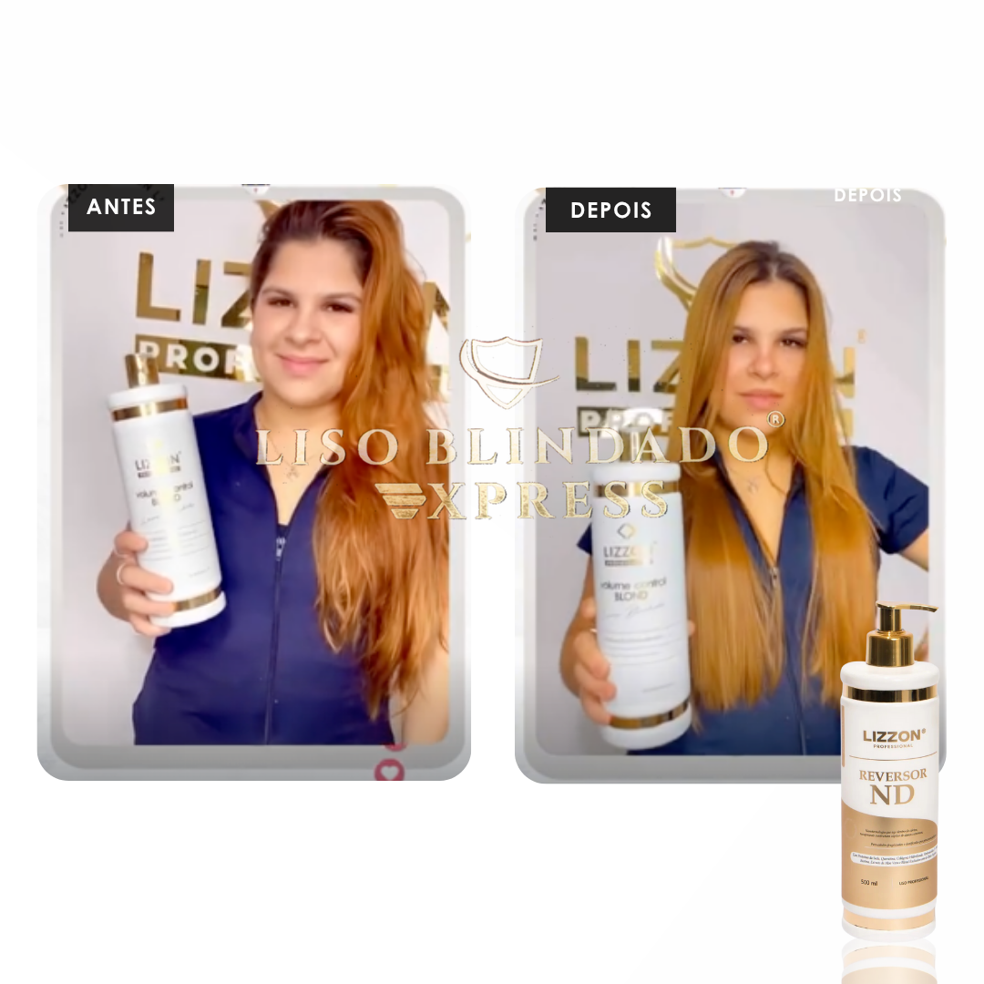 Comparação lado a lado de uma mulher antes e depois de usar o Volume Control Blond: Loiro Blindado. Seu cabelo está ondulado à esquerda e muito mais liso à direita. Ela segura o produto em ambas as imagens, com um frasco no canto inferior direito.