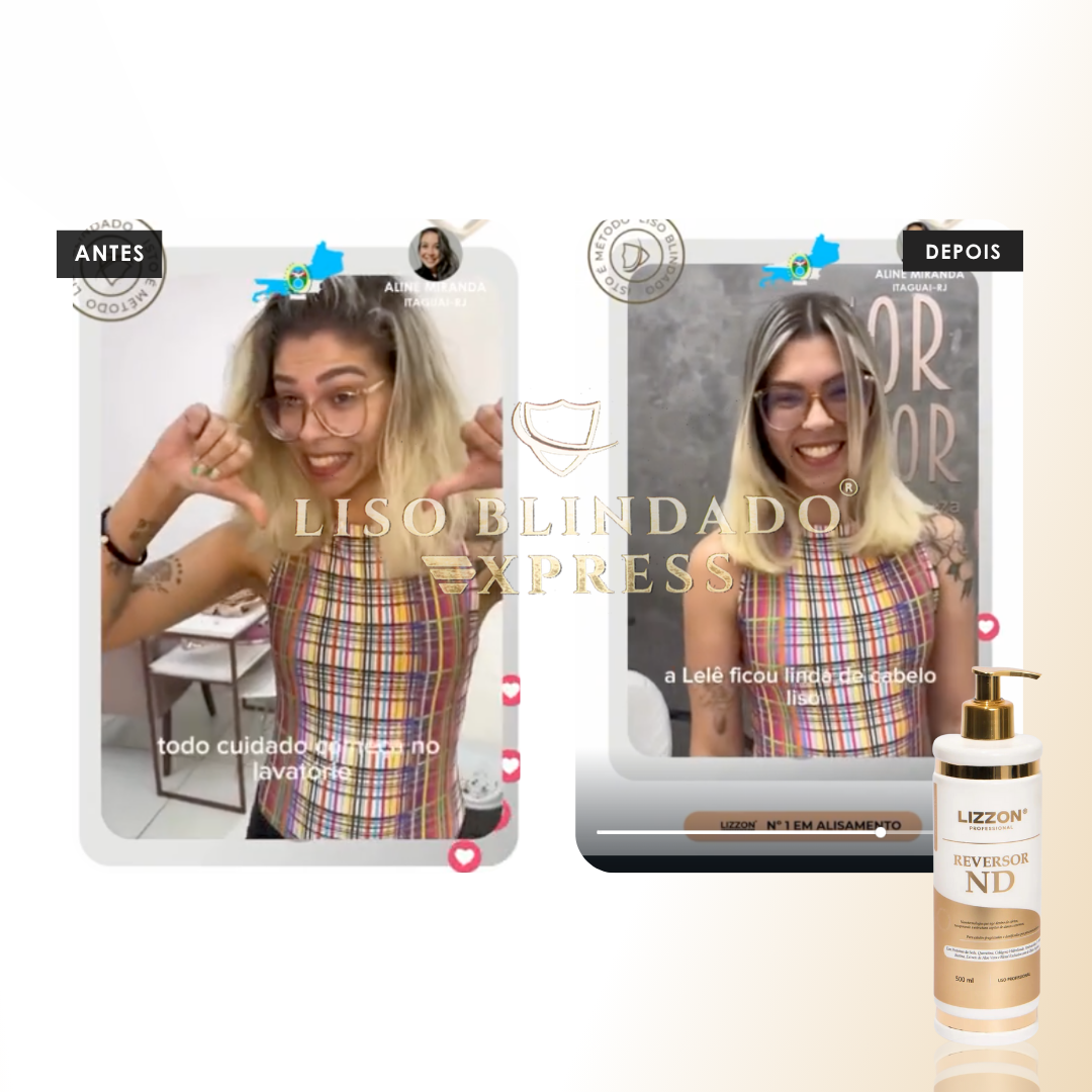 Uma mulher com cabelos loiros e óculos aparece em duas imagens lado a lado, identificadas como antes e depois. Na imagem depois, seu cabelo está mais liso, mostrando o efeito do Volume Control Blond: Loiro Blindado. Um frasco de Lizzon Reversor ND está no canto inferior direito.