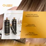 Três frascos pretos e dourados de produtos para cabelo da Kit Liso Blindado Promo são exibidos em uma superfície branca com texto em português à direita e um fundo desfocado mostrando cabelos longos e lisos.