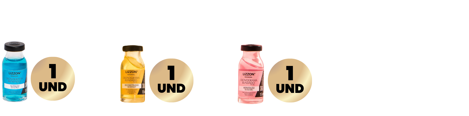 O Kit Cronograma Blindado inclui quatro frascos do líquido de tratamento capilar Lizzon nas cores azul, amarelo e rosa, cada um com o rótulo 1 UND: dois à esquerda, um no meio e um à direita.