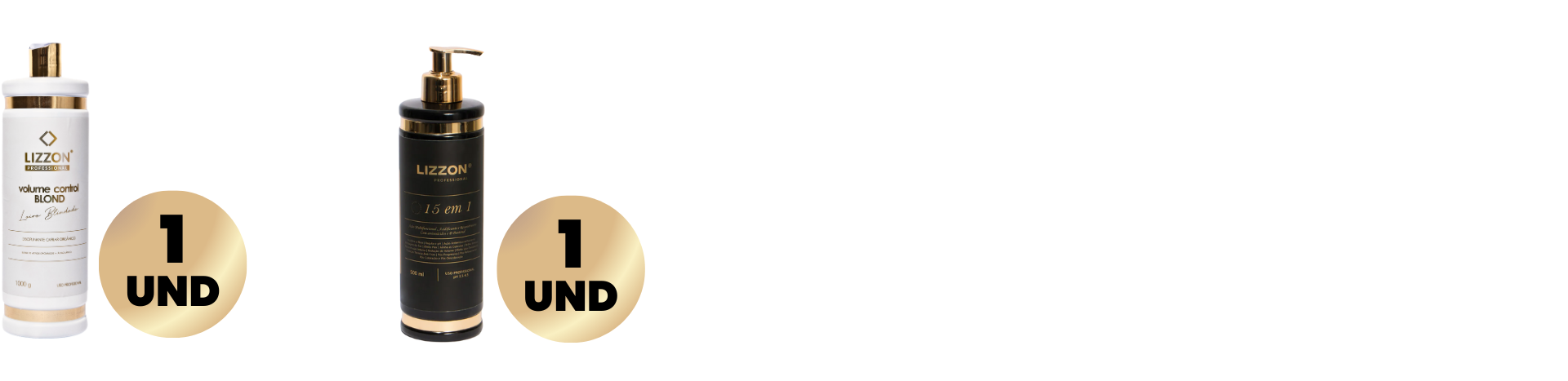 São mostradas duas garrafas do Kit Escova Blindada, cada uma com um círculo dourado com o rótulo 