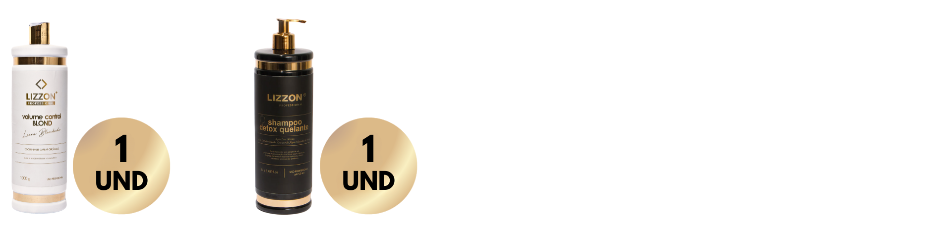 Dois frascos de Kit Liso Blindado Blond estão lado a lado em um fundo branco: o da esquerda é um frasco branco, o da direita é preto com uma bomba. Ambas apresentam círculos dourados marcados com 
