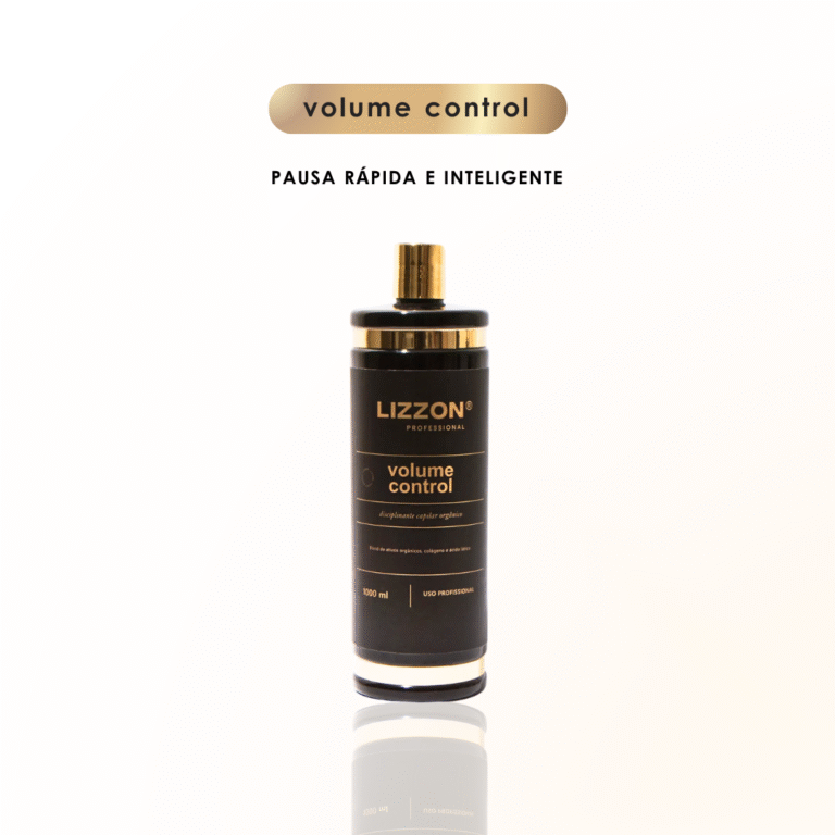 Um frasco preto e dourado de Lizzon Professional Volume Control Liso Blindado está centralizado em um fundo branco. Acima do frasco, o texto diz controle de volume e pausa rápida e inteligente para um cabelo liso perfeito.