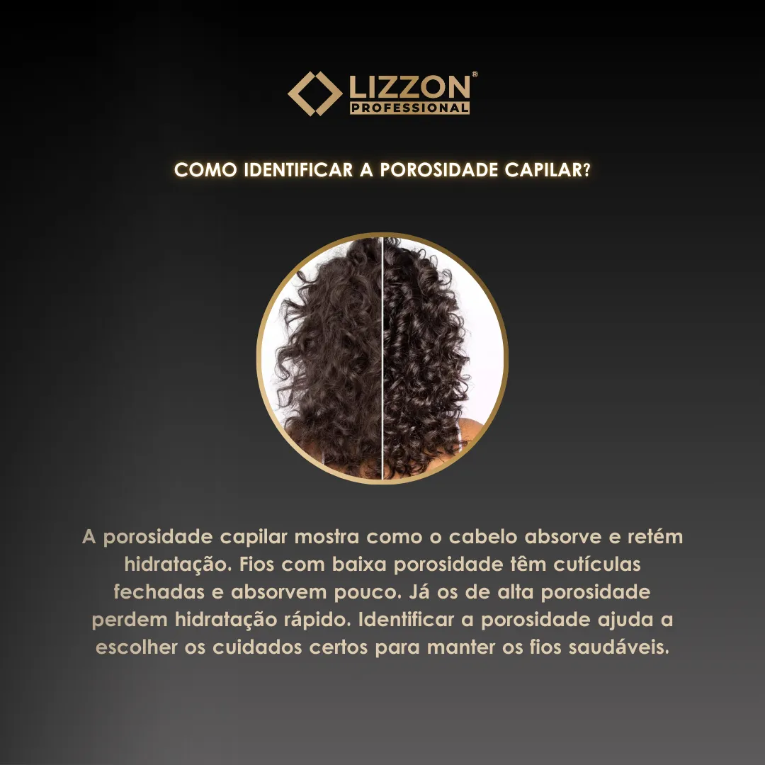 A imagem exibe o logotipo da Lizzon Professional acima do texto "Como identificar a porosidade capilar?", com uma foto de cabelo cacheado ao lado de dicas sobre o Kit Cronograma Blindado para cuidados de diferentes porosidades.